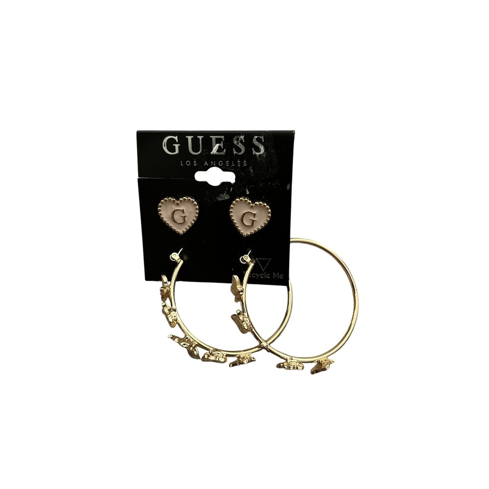 Guess Earring Set Women OS Gold Heart Studs Butterfly Hoops NEW Logo 2-Pack